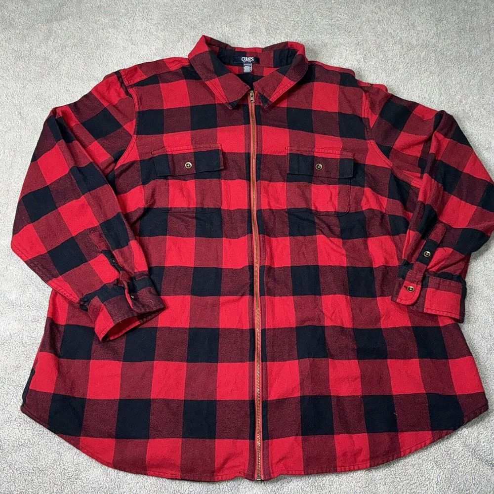 Chaps Zip Front Red Black Buffalo Plaid‎ XXL Flannel Shirt Jacket Shacket 2X